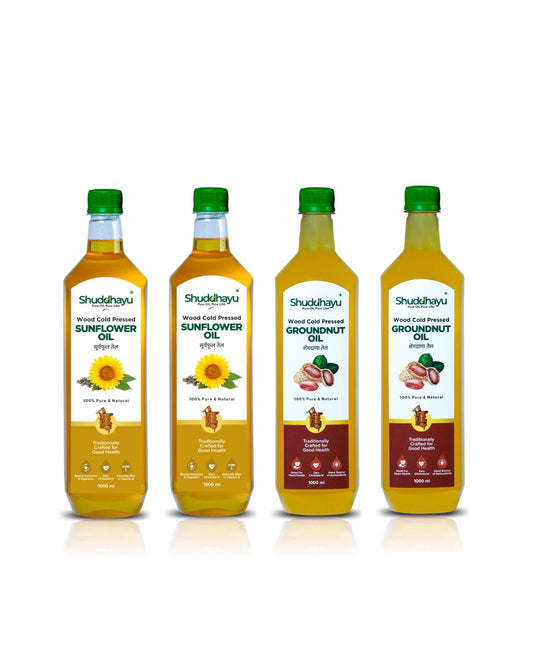 Groundnut Oil (1L x 2) + Sunflower Oil (1L x 2) | Cold Pressed & Natural | Shuddhayu Wood Cold Pressed Oils