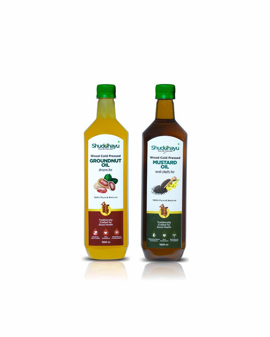 Groundnut & Mustard Oil Combo – Cold Pressed, 1L Each | Shuddhayu Wood Cold Pressed Oil