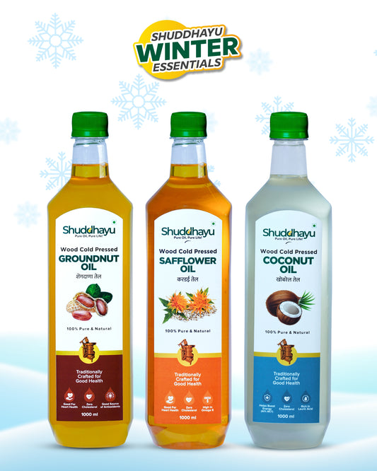 Cold Pressed Groundnut, Safflower & Coconut Oil – 1L x 3 | Shuddhayu Wood Cold Pressed Oil