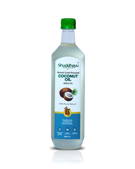 Shuddhayu cold pressed coconut oil bottle on a white background