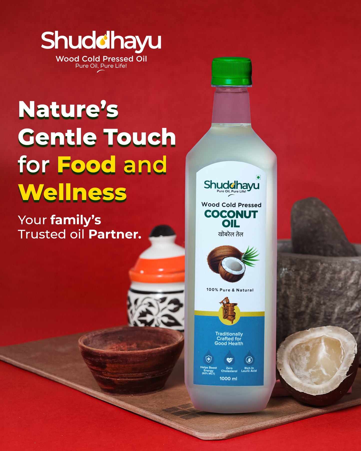 Shuddhayu coconut oil bottle with promotional text on a red background