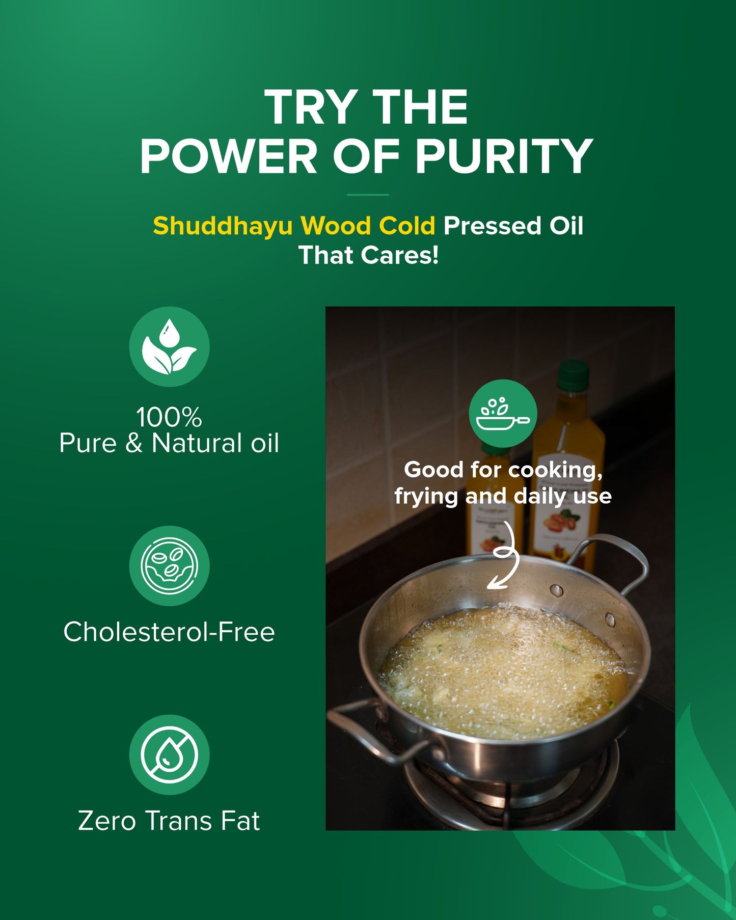 Advertisement for Shuddhayu Wood Cold Pressed Oil with a pot of oil being heated on a stove.
