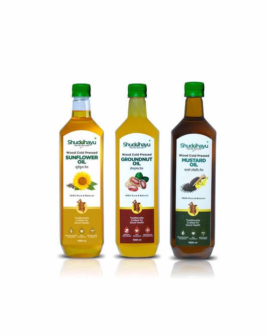 Cold Pressed Cooking Oil Combo | Groundnut, Sunflower, Mustard – 1L