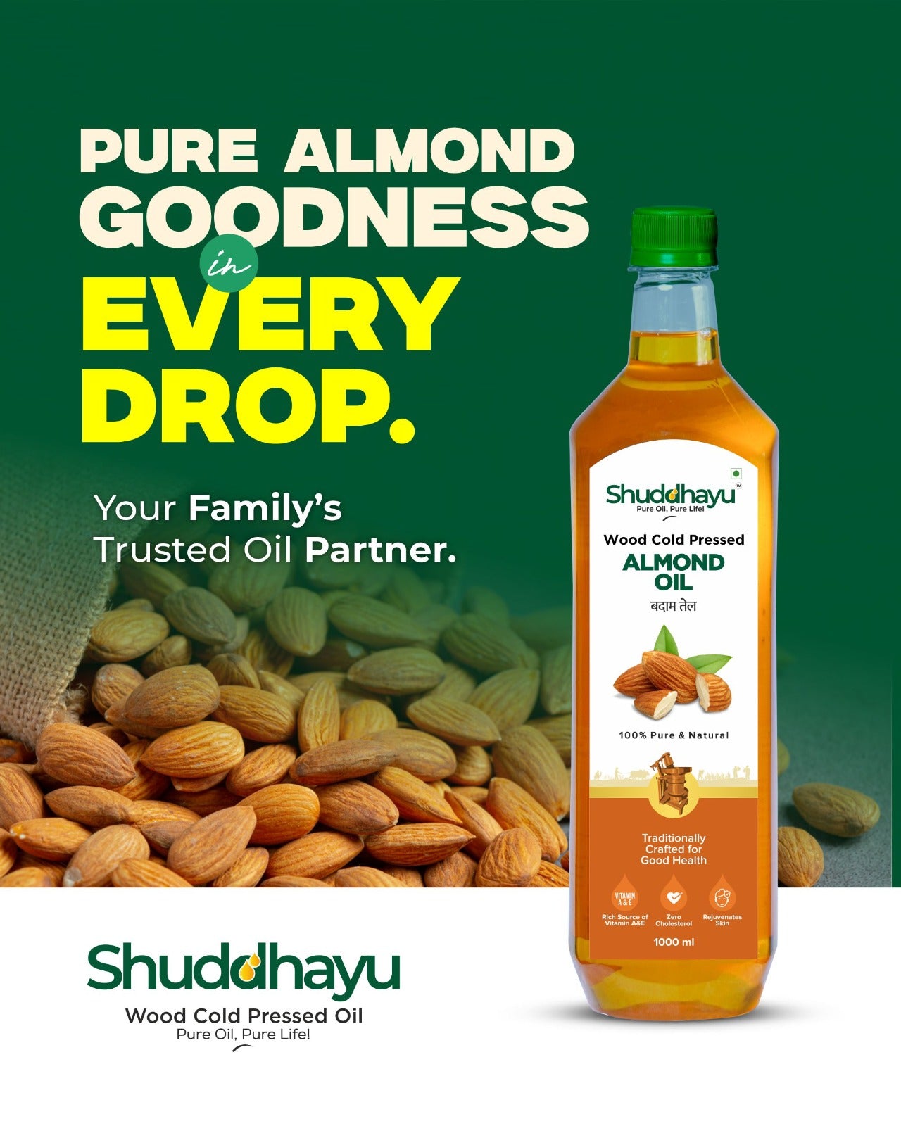 100% Pure Wood Pressed Almond Oil | Lakdi Ghani Badam Tel | Sweet Almond Oil for Hair, Skin & Brain Health