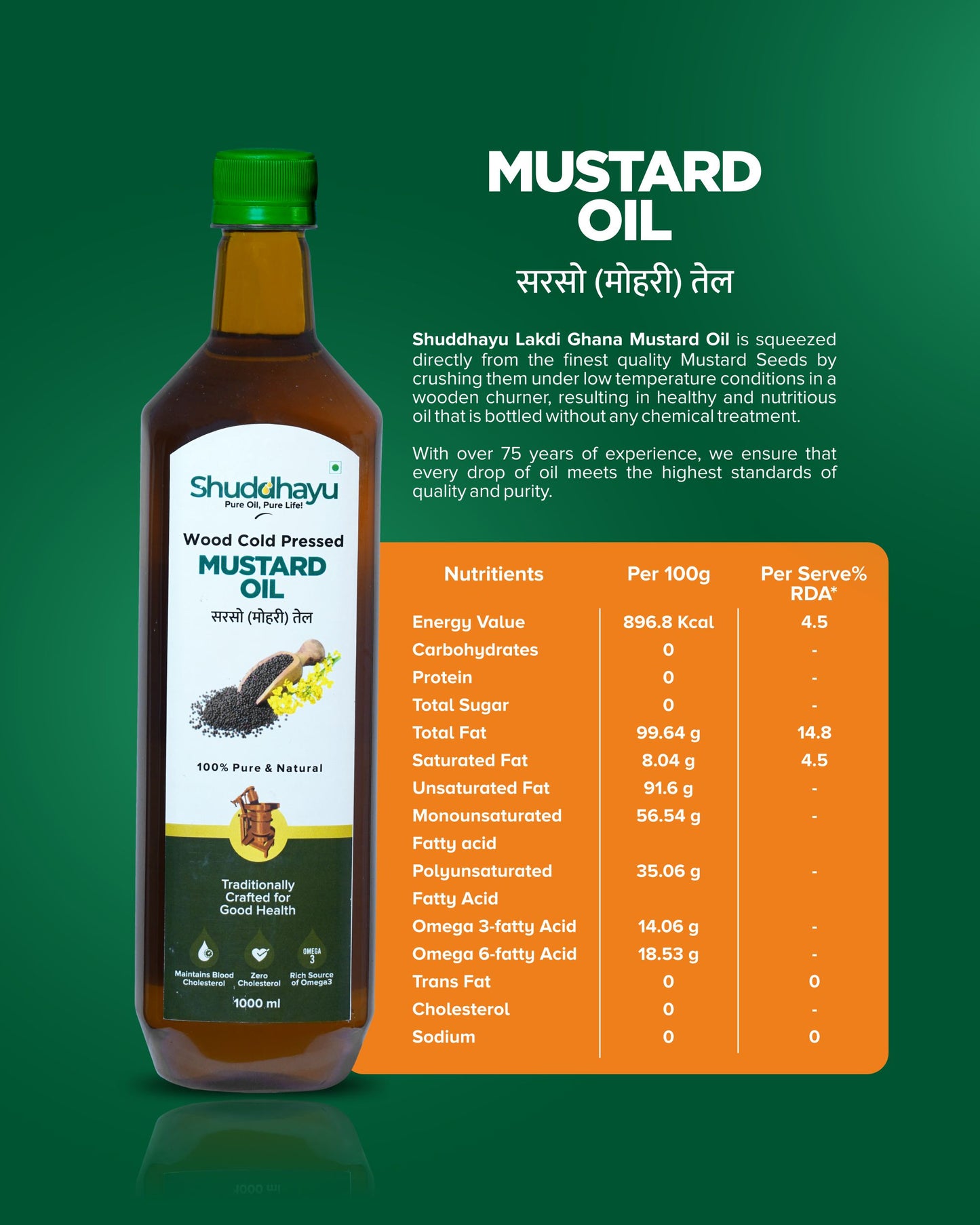 Shudhavyu Mustard Oil bottle with nutritional information on a green background
