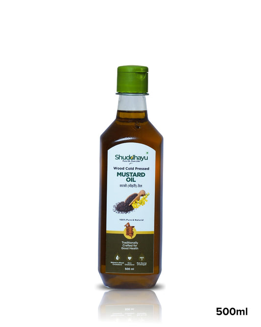 Bottle of Shuddhayu Mustard Oil on a white background