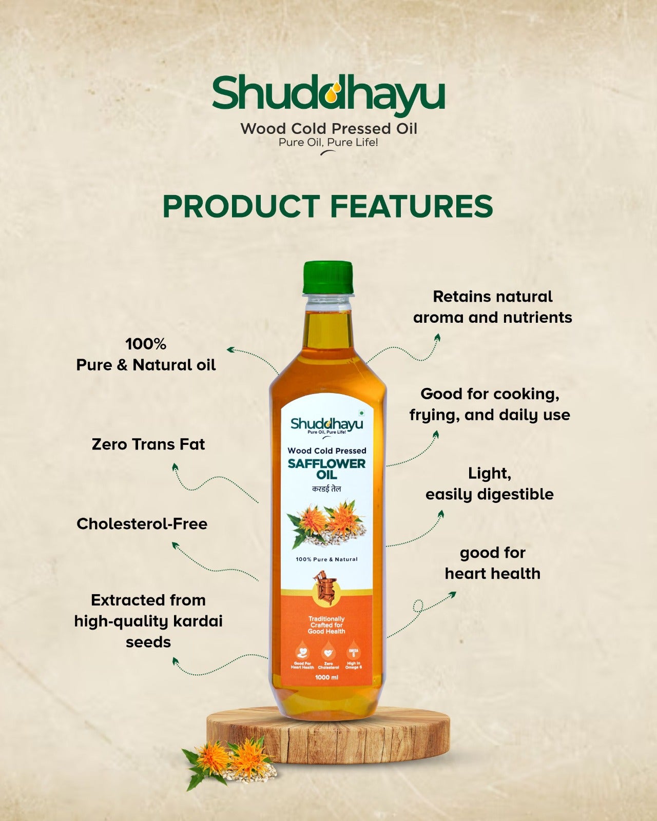 Shuddhayu safflower oil bottle with product features on a beige background