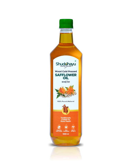 Bottle of Shuddhayu Wood Cold Pressed Safflower Oil on a white background
