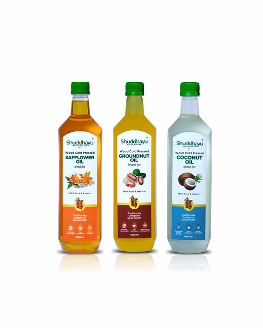 Cold Pressed Groundnut, Safflower & Coconut Oil – 1L x 3 | Shuddhayu Wood Cold Pressed Oil