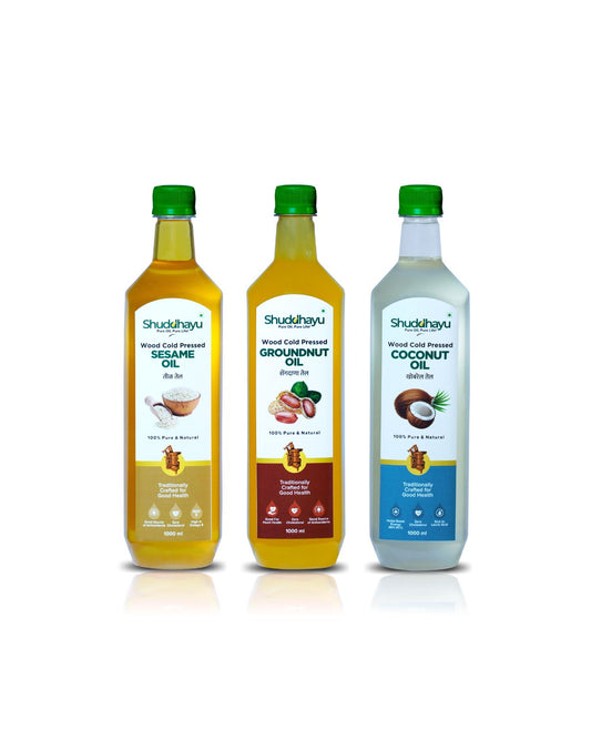 Wood Cold Pressed Coconut, Sesame (Til) & Groundnut Oil | Combo – 1L Each