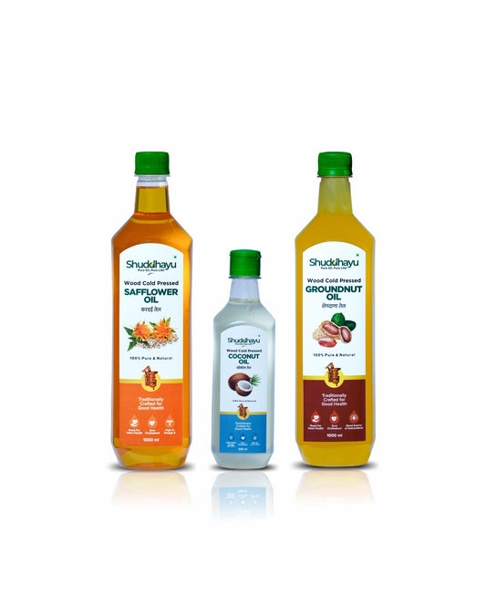 Cold Pressed Groundnut (1L), Safflower (1L) & Coconut Oil (500ml) | Shuddhayu Wood Cold Pressed Oil