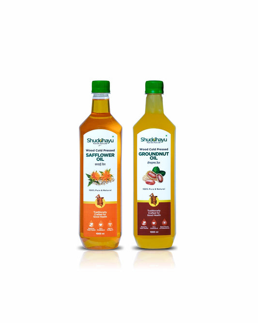 Cold Pressed Safflower & Groundnut Oil Combo – 1L Each | Shuddhayu Wood Cold Pressed Oil