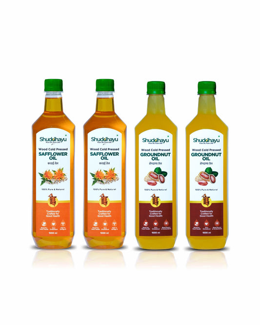 Groundnut (1L x 2) + Safflower (1L x 2) Oil Combo | Wood Cold Pressed Oils By Shuddhayu Oils