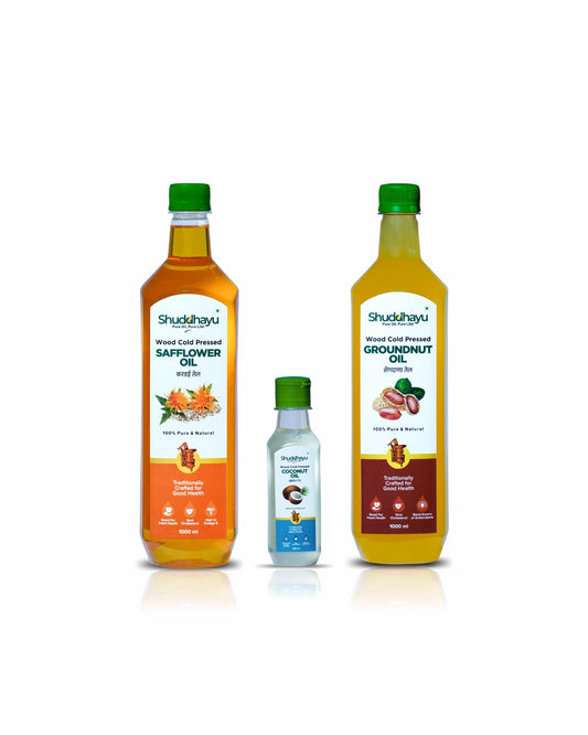 Cold Pressed Groundnut (1L), Safflower (1L) & Coconut Oil (200ml) | Shuddhayu Wood Cold Pressed Oil
