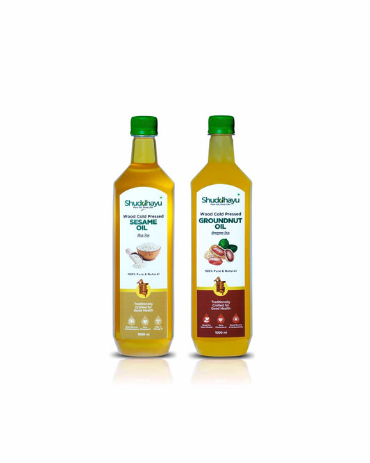 Cold Pressed Groundnut & Sesame (Til) Oil Combo – 1L Each | Shuddhayu Wood Cold Pressed