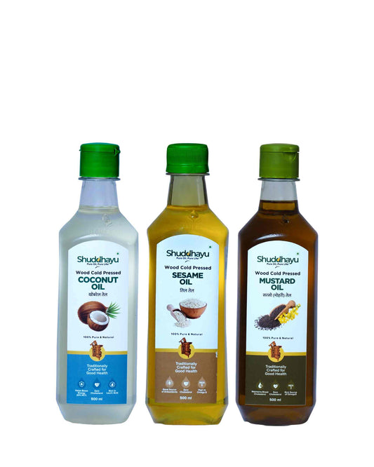 Coconut, Sesame & Mustard Oil Combo (500ml Each) | Wood Cold Pressed