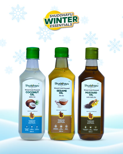 Coconut, Sesame & Mustard Oil Combo (500ml Each) | Wood Cold Pressed