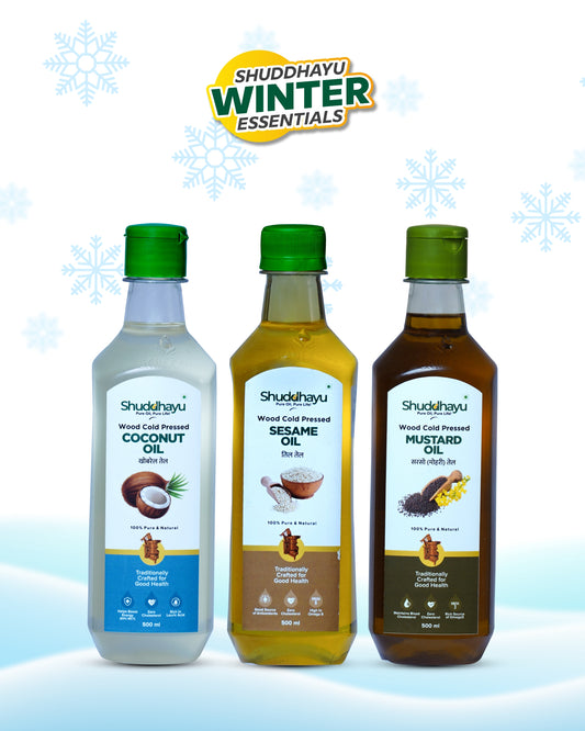 Coconut, Sesame & Mustard Oil Combo (500ml Each) | Wood Cold Pressed
