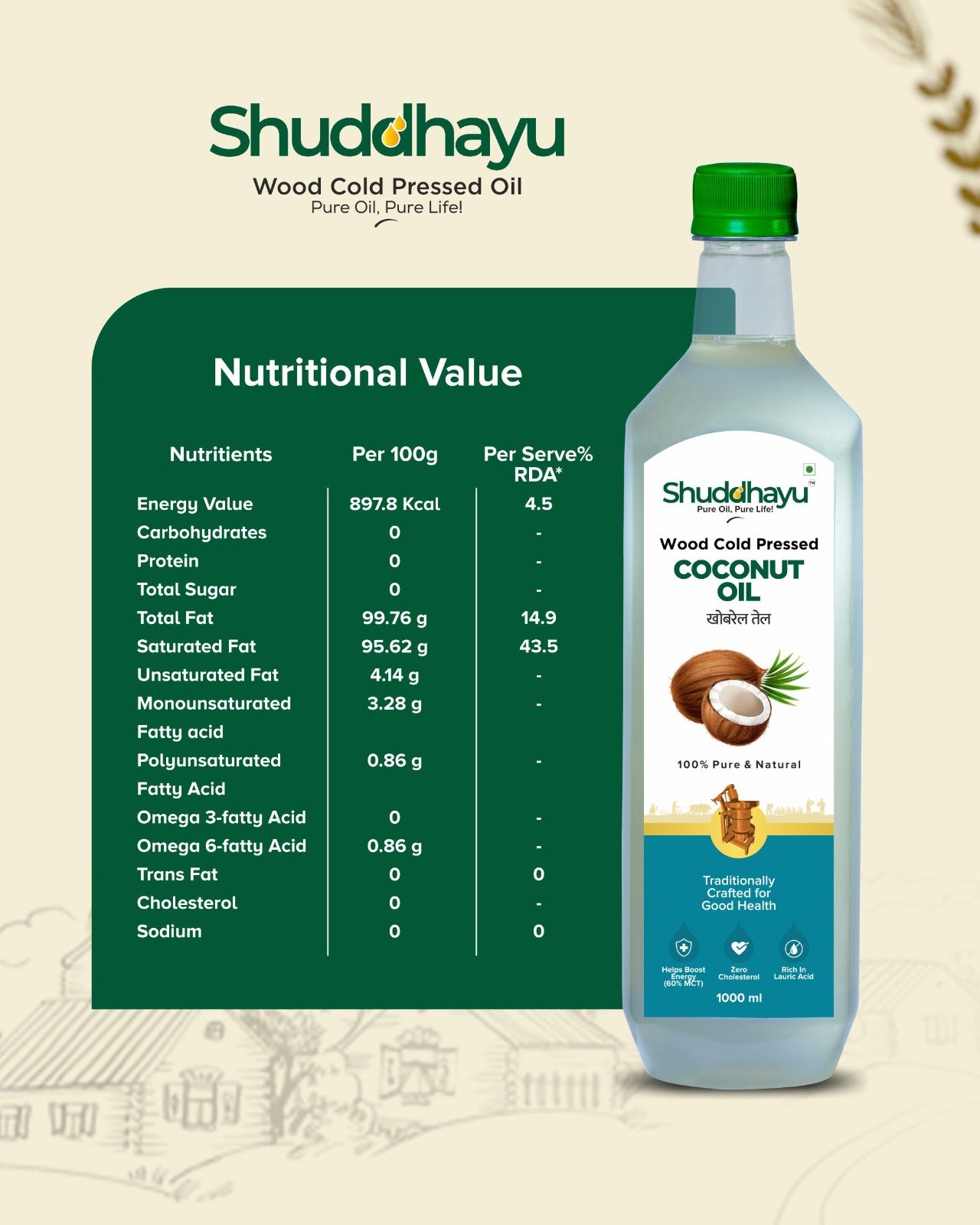 Virgin Wood Pressed Coconut Oil | Lakdi Ghani Khopra Tel | 100% Pure for Cooking, Hair & Oil Pulling