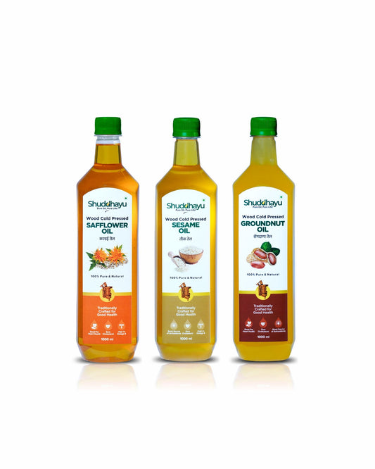 Cold Pressed Groundnut, Safflower & Sesame (Til) Oil (1L Each) | Cold Pressed | Shuddhayu Wood Cold Pressed Oil