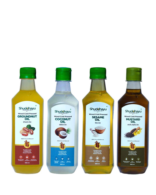 Groundnut, Coconut, Sesame & Mustard Oil (500ml Each) | Wood Cold Pressed
