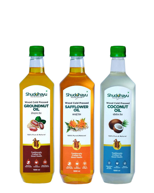 Cold Pressed Groundnut, Safflower & Coconut Oil – 1L x 3 | Shuddhayu Wood Cold Pressed Oil