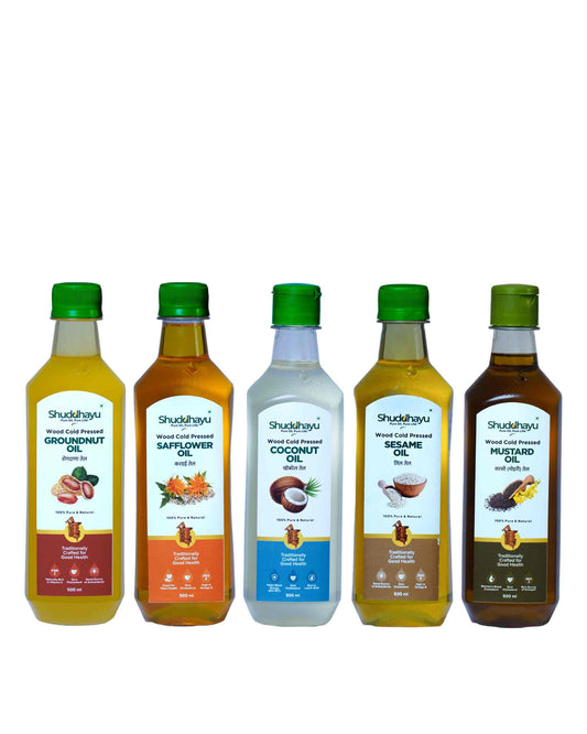 Groundnut, Safflower, Coconut, Sesame & Mustard Oil Combo (500ml Each) | Wood Cold Pressed