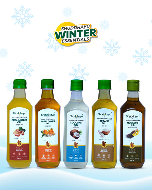 Groundnut, Safflower, Coconut, Sesame & Mustard Oil Combo (500ml Each) | Wood Cold Pressed