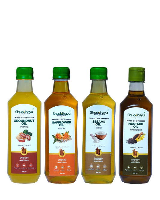Groundnut, Safflower, Sesame (Til) & Mustard (500ml Each) | Wood Cold Pressed