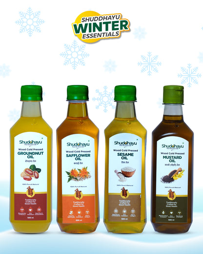 Groundnut, Safflower, Sesame (Til) & Mustard (500ml Each) | Wood Cold Pressed