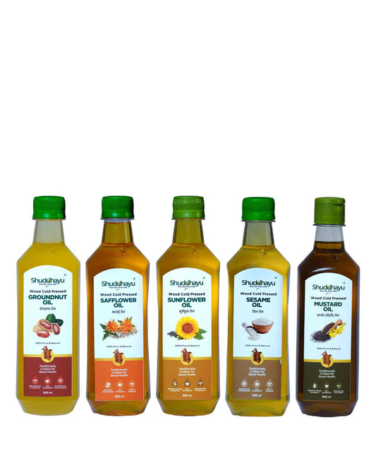 Groundnut, Safflower, Sunflower, Sesame & Mustard Oil (500ml Each) | Wood Cold Pressed