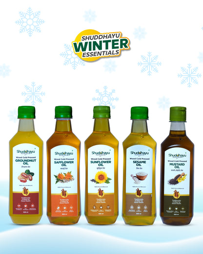 Groundnut, Safflower, Sunflower, Sesame & Mustard Oil (500ml Each) | Wood Cold Pressed