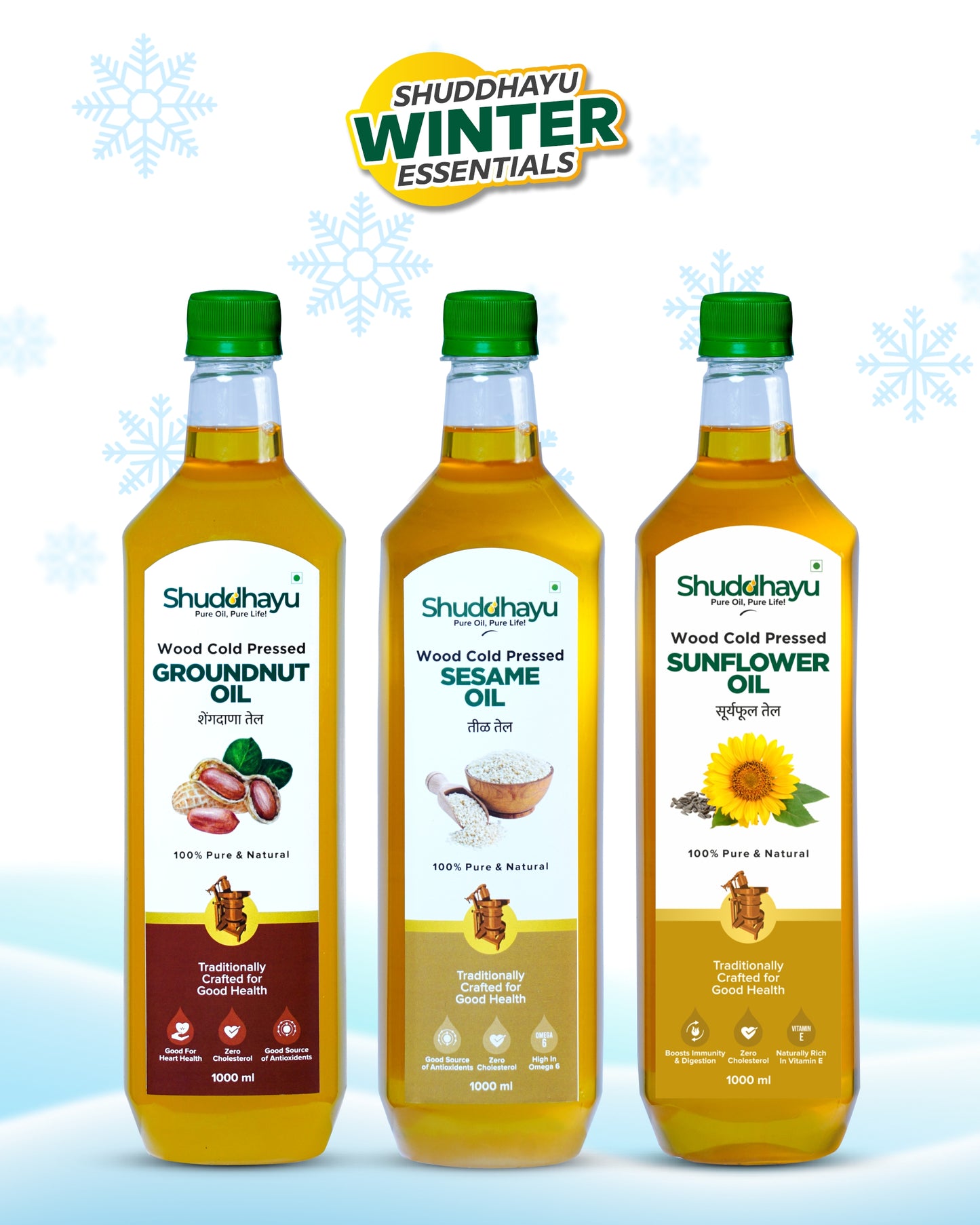 Cold Pressed Groundnut, Sesame (Til) & Sunflower Oil (1L Each) | Shuddhayu Cold Pressed Oils