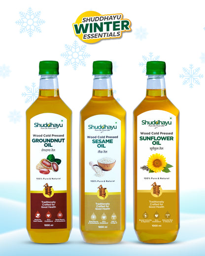 Cold Pressed Groundnut, Sesame (Til) & Sunflower Oil (1L Each) | Shuddhayu Cold Pressed Oils