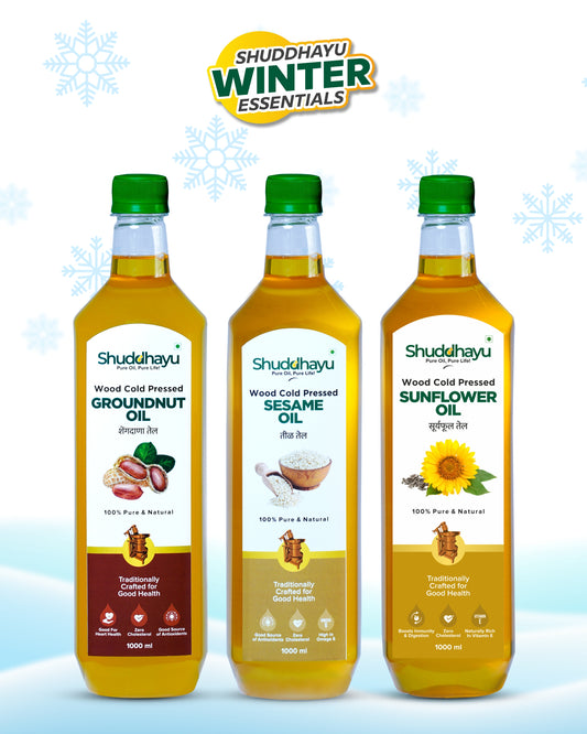 Cold Pressed Groundnut, Sesame (Til) & Sunflower Oil (1L Each) | Shuddhayu Cold Pressed Oils