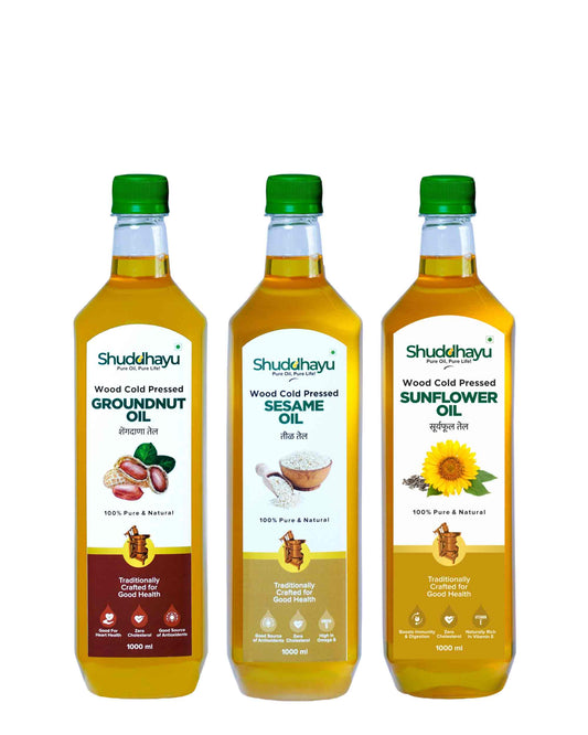Cold Pressed Groundnut, Sesame (Til) & Sunflower Oil (1L Each) | Shuddhayu Cold Pressed Oils