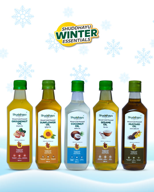 Groundnut, Sunflower, Coconut, Sesame & Mustard Oil Combo (500ml Each) | Wood Cold Pressed