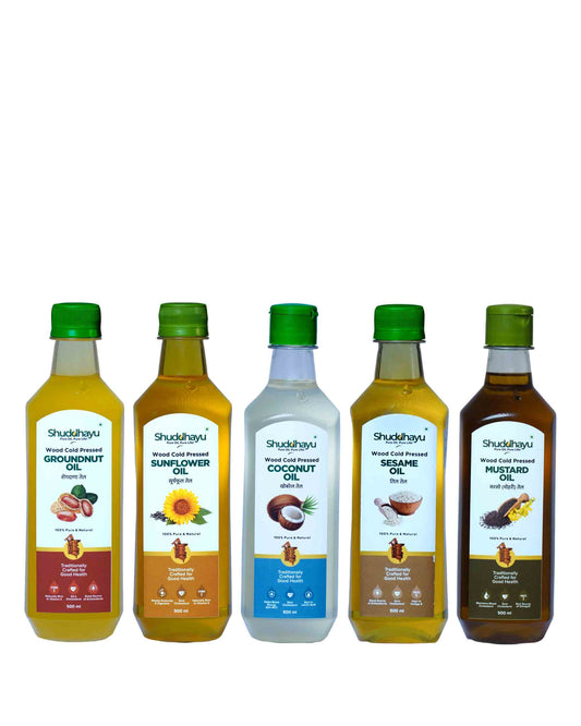 Groundnut, Sunflower, Coconut, Sesame & Mustard Oil Combo (500ml Each) | Wood Cold Pressed