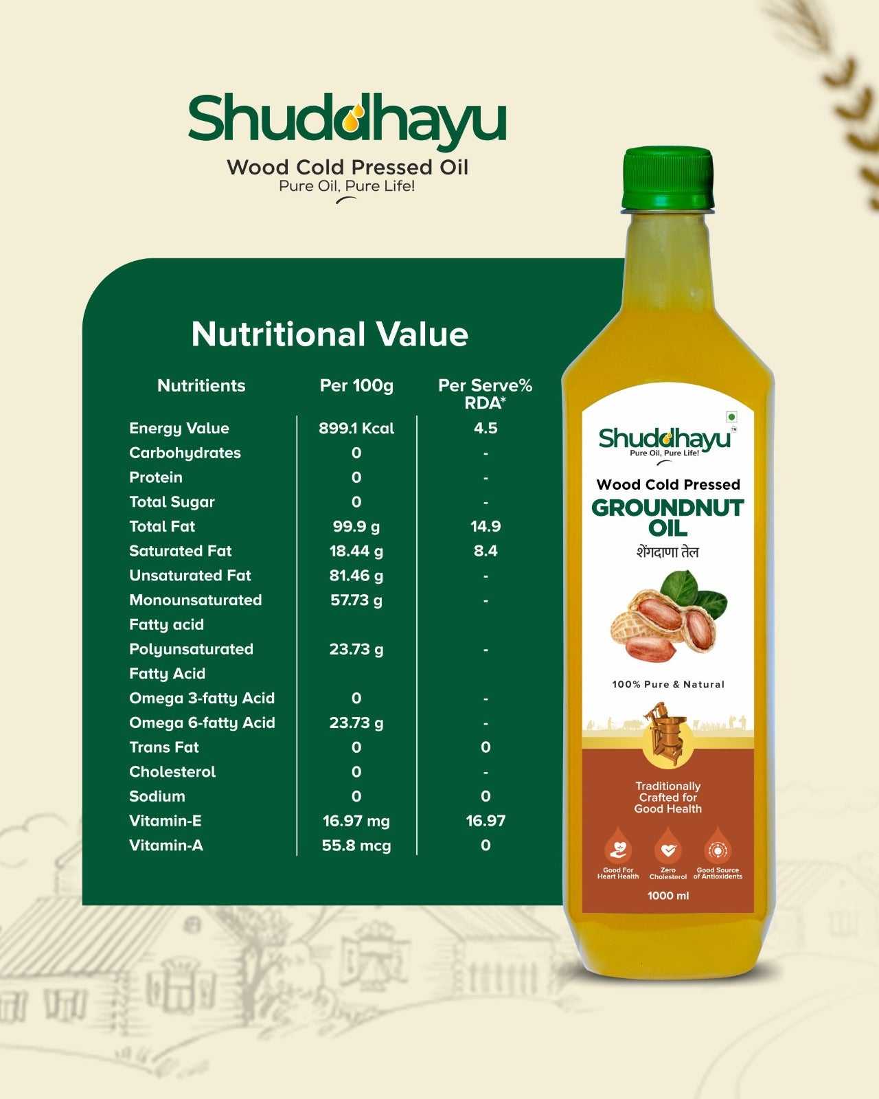 Organic Wood Pressed Groundnut Oil | Lakdi Ghani Peanut Oil | 100% Pure, Unrefined & Non-GMO