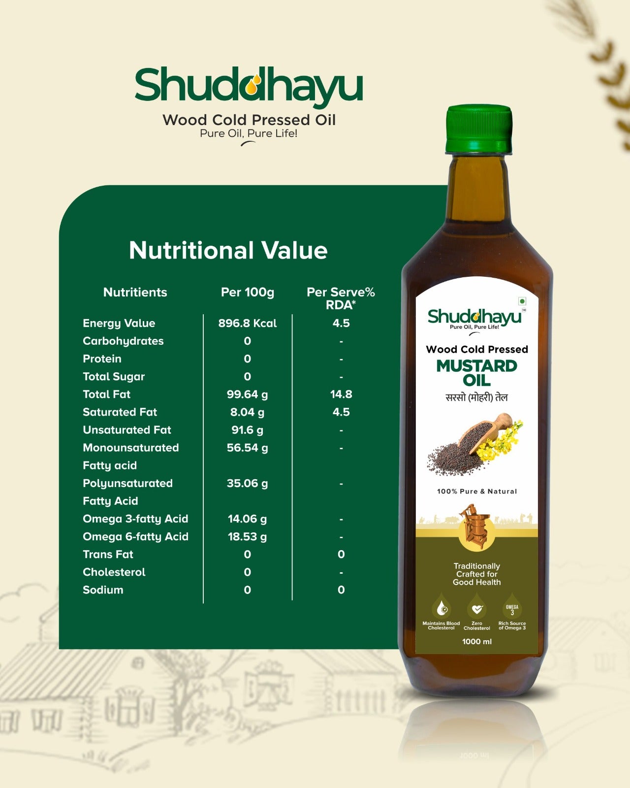 Organic Wood Pressed Mustard Oil (Kachi Ghani) | Lakdi Ghani Sarso Tel | 100% Pure & Unrefined