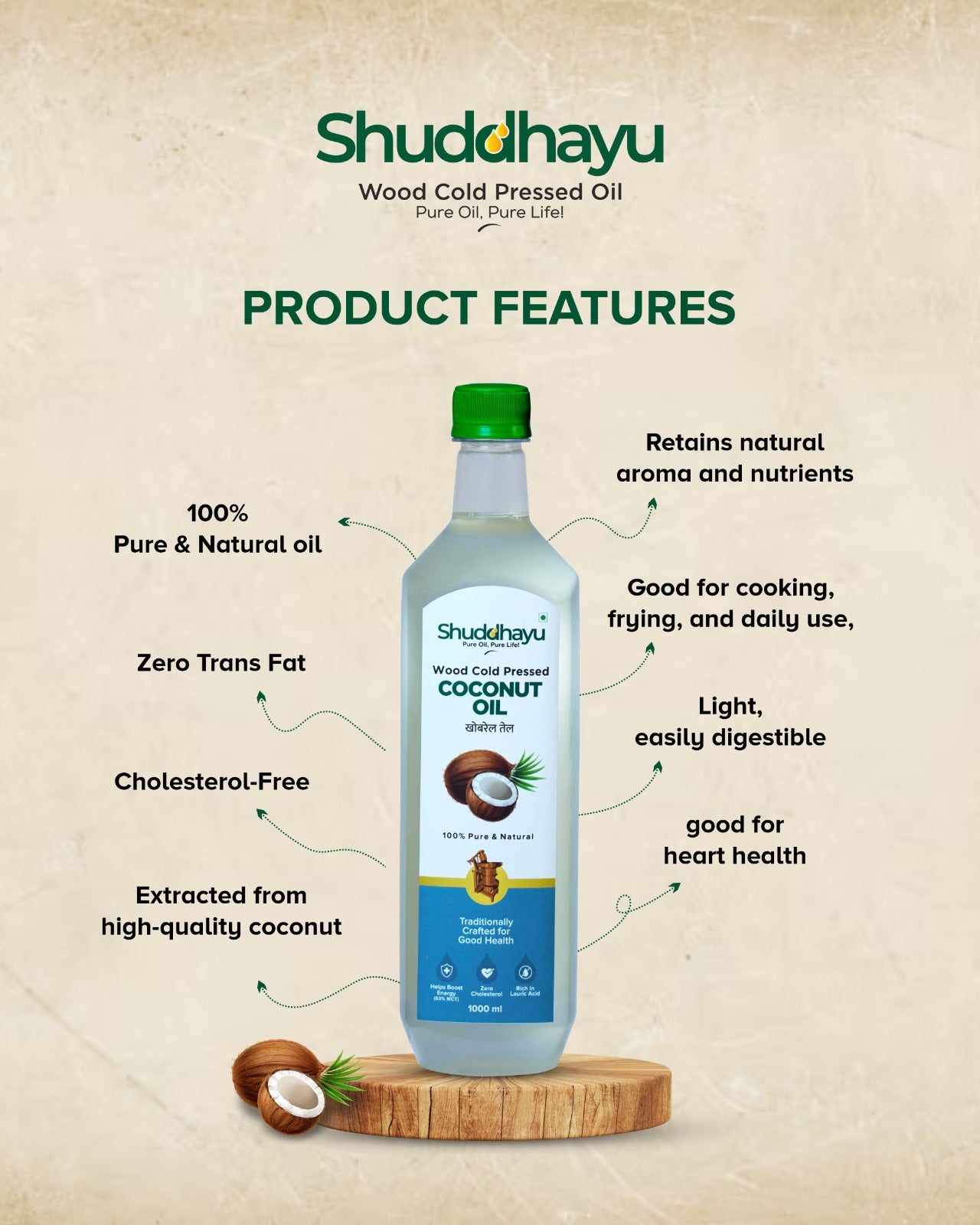 Shuddhayu coconut oil bottle with product features on a beige background