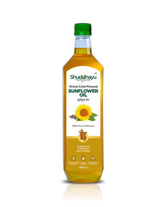 Bottle of Shuddhayu Sunflower Oil on a white background