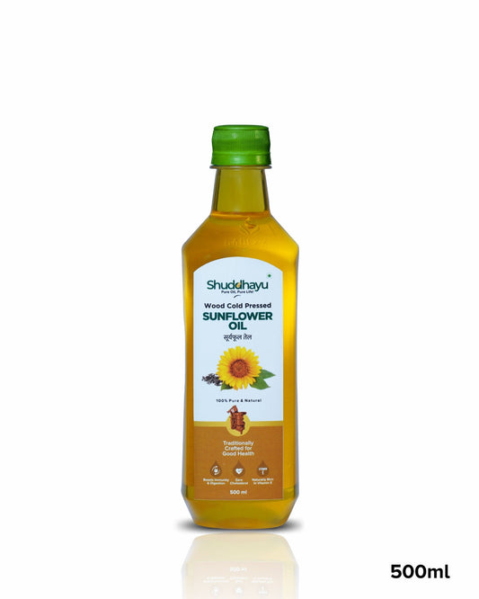 Bottle of Shuddhayu sunflower oil on a white background