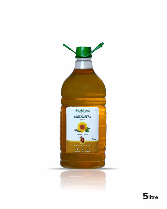 Bottle of Shuddhayu sunflower oil with a green cap on a white background