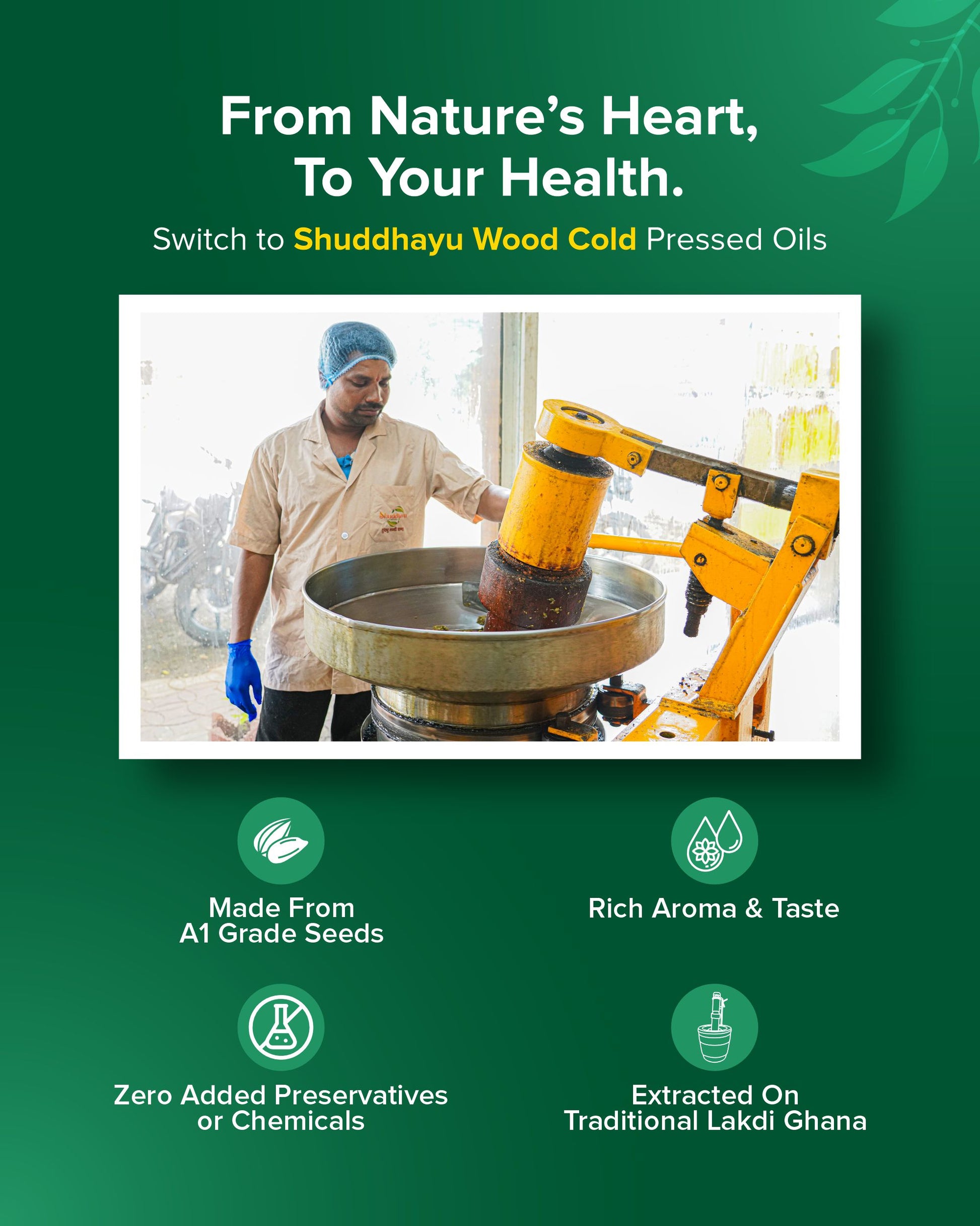 Advertisement for Shuddhayu Wood Cold Pressed Oils with a person operating a machine and product features listed.