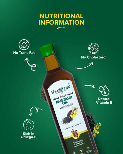 Shuddhayu mustard oil bottle with nutritional information on a green background