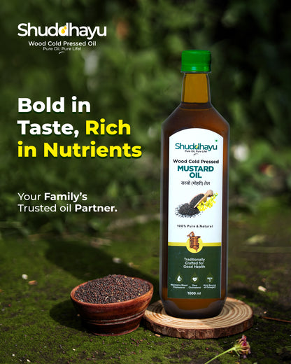 Shuddhayu Mustard Oil bottle with text on a natural background