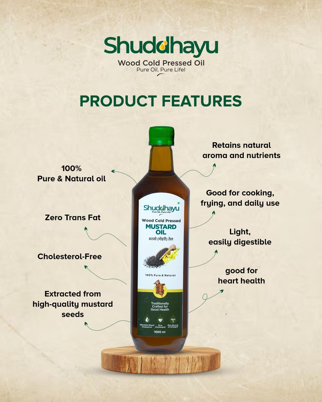 Shuddhayu wood cold pressed mustard oil bottle with product features on a beige background