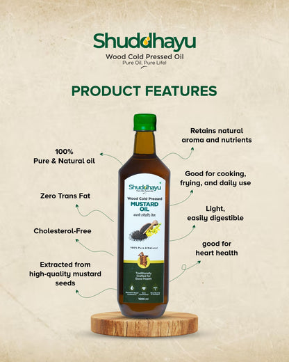 Shuddhayu wood cold pressed mustard oil bottle with product features on a beige background
