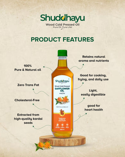 Shuddhayu safflower oil bottle with product features on a beige background